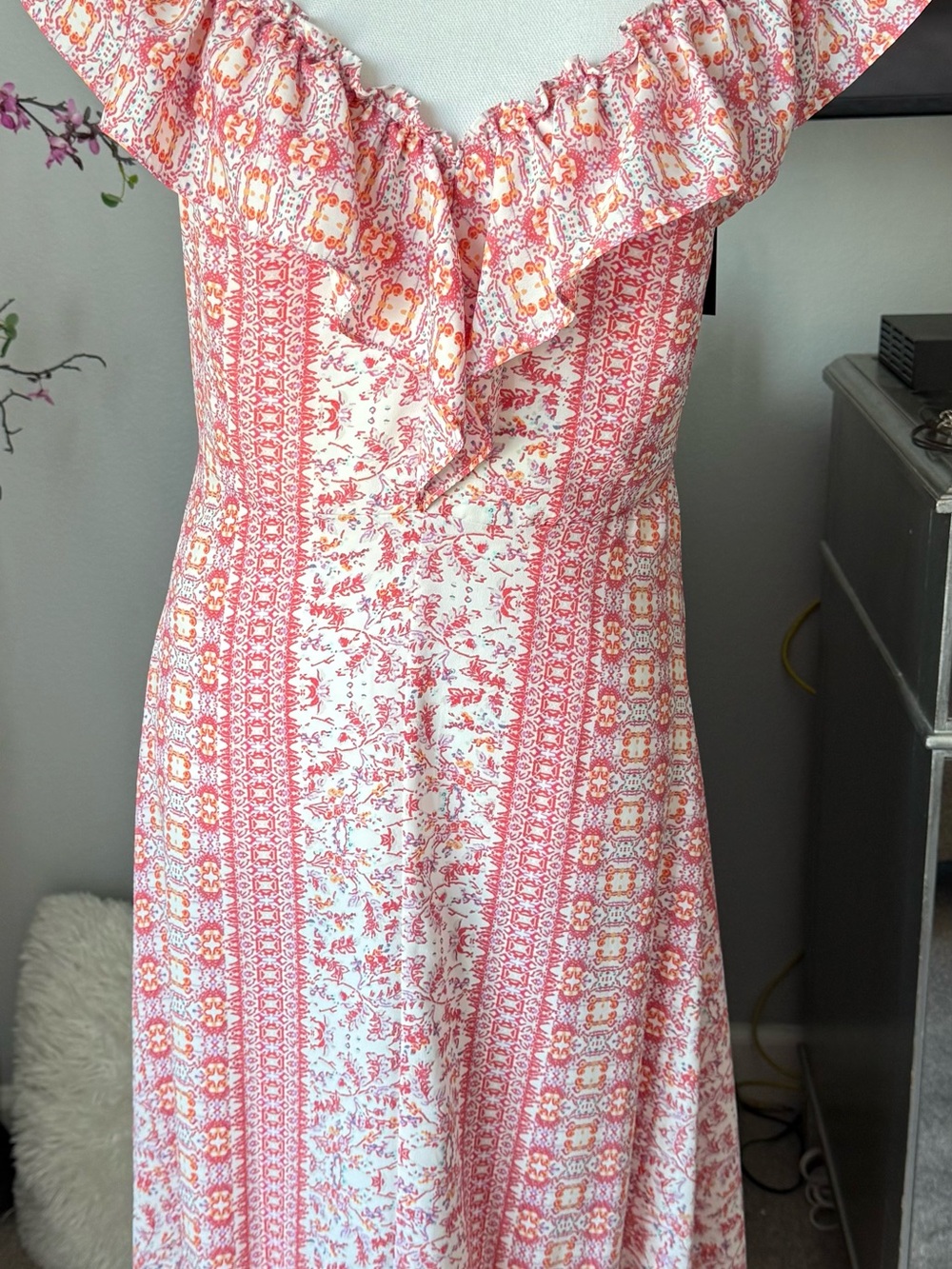 New! BCBGMaxAzria Pink and Cream Floral Ruffle Maxi Dress w/tag